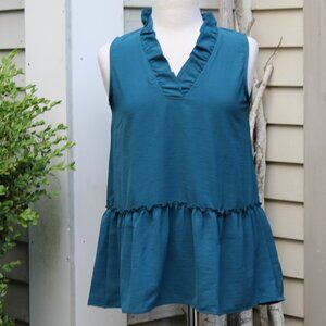 FSL Apparel Dark Teal Blue Ruffle V-Neck Wide Ruffle Bottom Tunic Top Sz MEDIUM